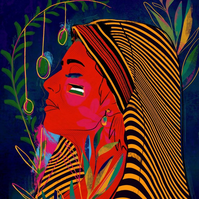 Digital illustration depicting a Palestinian woman with a traditional Safadi head dress. 