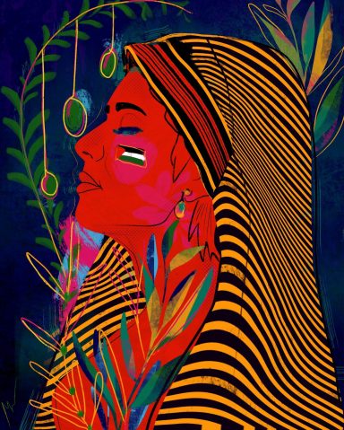 Digital illustration depicting a Palestinian woman with a traditional Safadi head dress. 