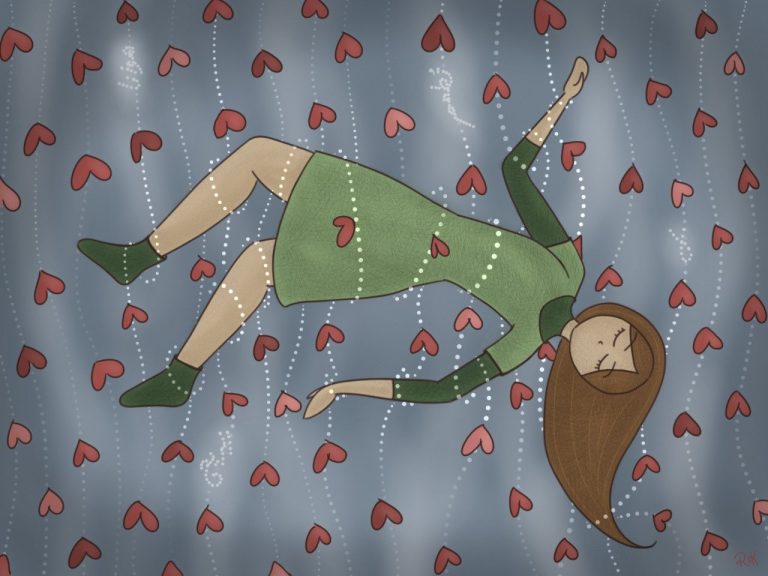 An illustration depicting a girl intertwined with invisible upside-down-heart ropes in the air. 