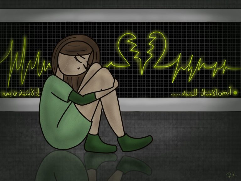 An illustration depicting a crying girl with a broken heart showing on the EKG behind her. 