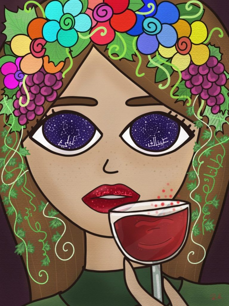 An illustration depicting a girl with wide eyes sipping wine with a flower tiara. 